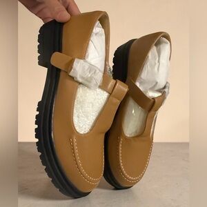 Women’s Tan Mary Jane Loafers with Lug Sole